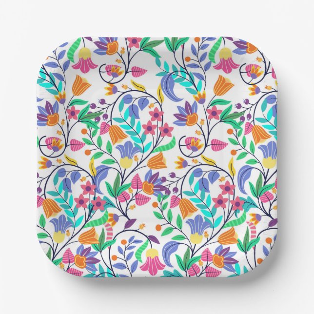 Colourful Exotic Floral Pattern Paper Plate (Front)