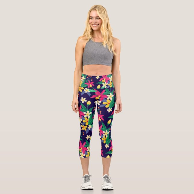 Colourful Exotic Flowers Leaves Pattern-23021 Capri Leggings (Front)