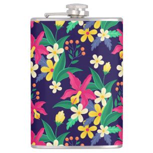 Colourful Exotic Flowers Leaves Pattern-23021 Hip Flask
