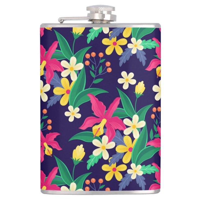 Colourful Exotic Flowers Leaves Pattern-23021 Hip Flask (Front)