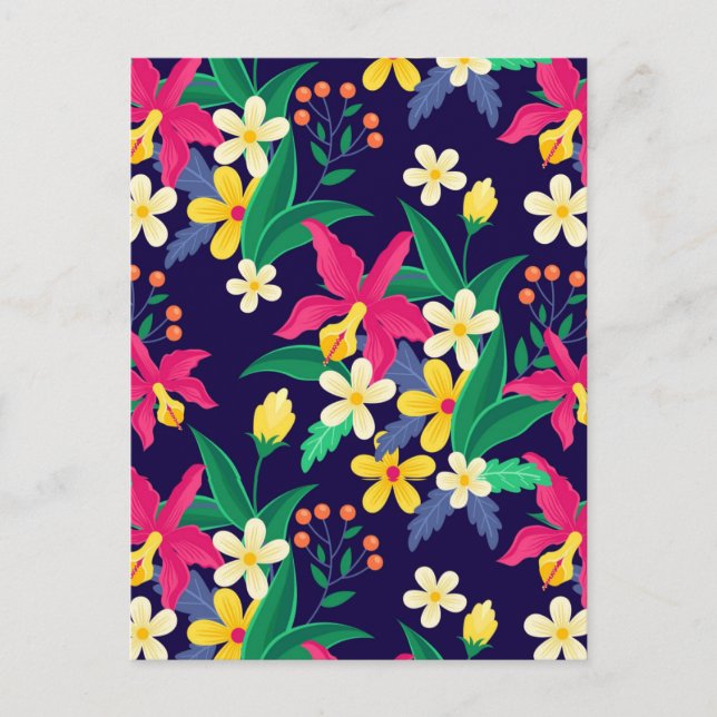 Colourful Exotic Flowers Leaves Pattern-23021 Holiday Postcard (Front)