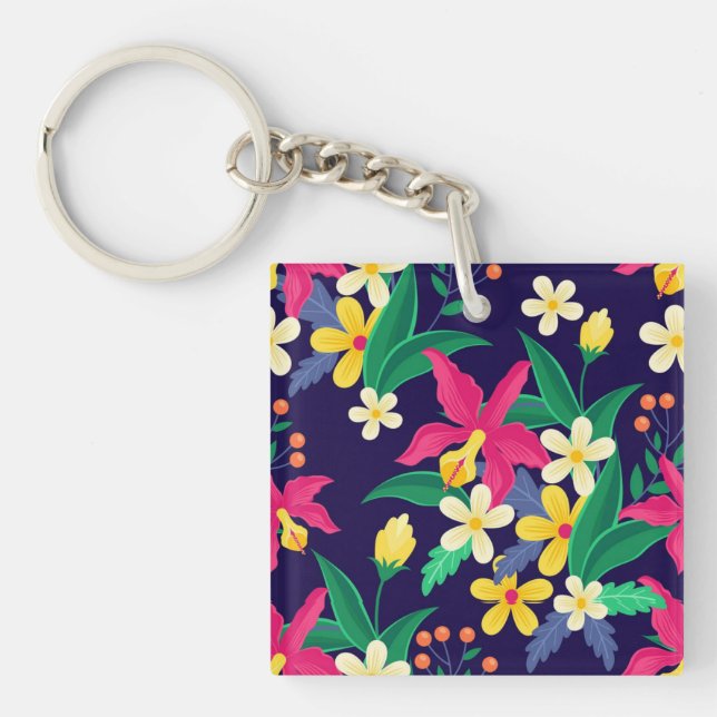 Colourful Exotic Flowers Leaves Pattern-23021 Key Ring (Front)