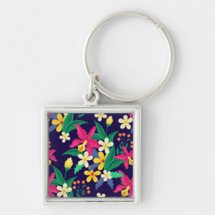 Colourful Exotic Flowers Leaves Pattern-23021 Key Ring