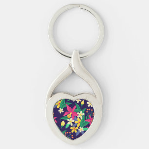 Colourful Exotic Flowers Leaves Pattern-23021 Key Ring