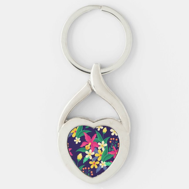 Colourful Exotic Flowers Leaves Pattern-23021 Key Ring (Front)