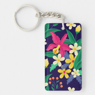 Colourful Exotic Flowers Leaves Pattern-23021 Key Ring