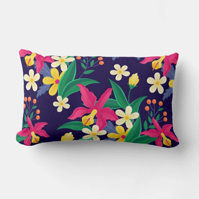 Colourful Exotic Flowers Leaves Pattern-23021 Lumbar Cushion (Front)