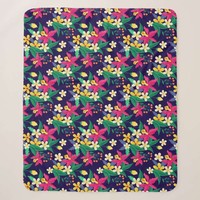 Colourful Exotic Flowers Leaves Pattern-23021 Sherpa Blanket (Front)