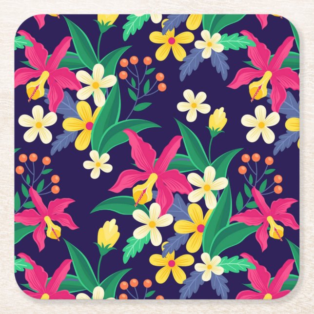 Colourful Exotic Flowers Leaves Pattern-23021 Square Paper Coaster (Front)
