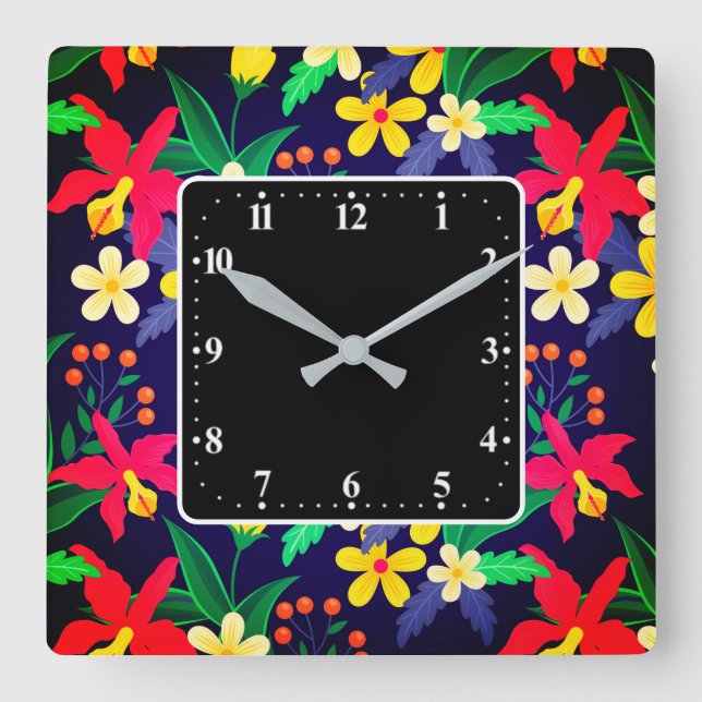 Colourful Exotic Flowers Leaves Pattern-23021 Square Wall Clock (Front)