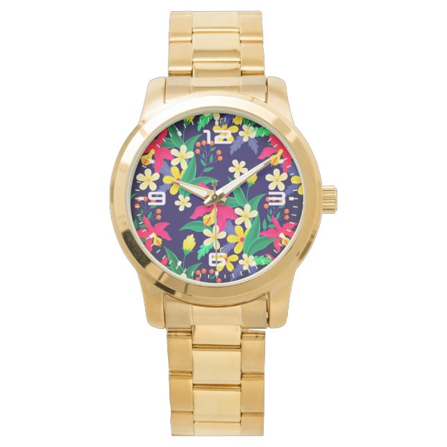 Colourful Exotic Flowers Leaves Pattern-23021 Watch (Front)