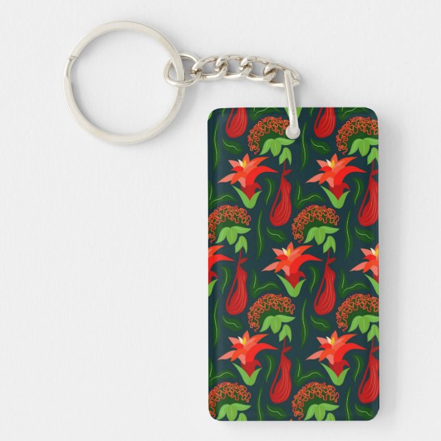 Colourful Exotic Flowers Leaves Pattern-23187 Key Ring (Front)