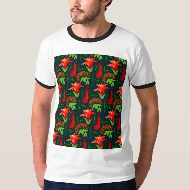Colourful Exotic Flowers Leaves Pattern-23187 T-Shirt (Front)
