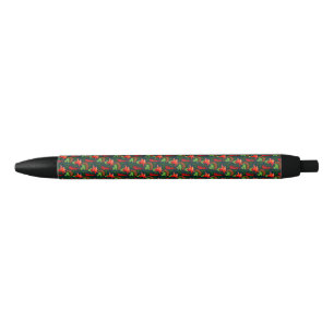 Colourful Exotic Flowers Leaves Pattern Black Ink Pen