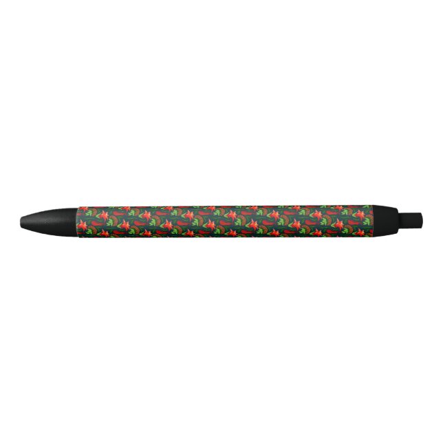 Colourful Exotic Flowers Leaves Pattern Black Ink Pen (Front)