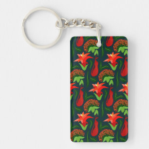 Colourful Exotic Flowers Leaves Pattern Key Ring