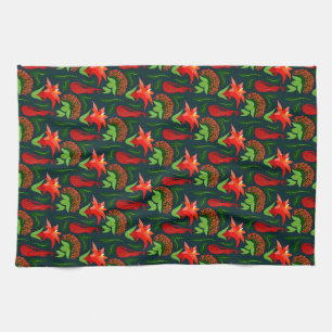 Colourful Exotic Flowers Leaves Pattern Tea Towel