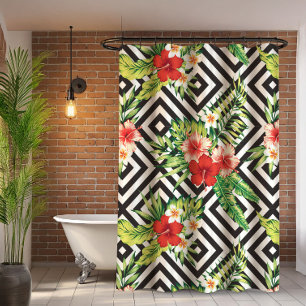 Colourful Exotic Flowers Modern Geometric Pattern Shower Curtain