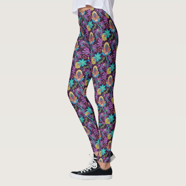 Colourful Exotic Flowers Pattern Glass-Beads Look Leggings (Left)
