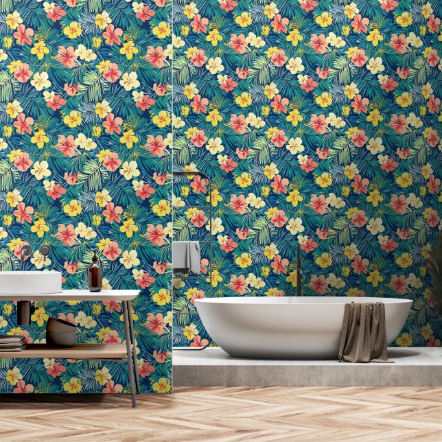 Colourful Exotic Flowers Pattern Wallpaper (Bathroom)