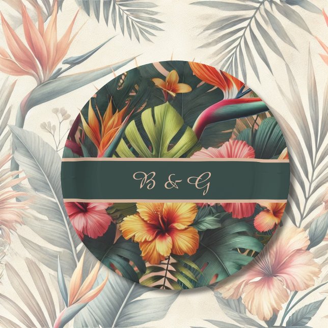 Colourful Exotic Hawaiian Tropical Wedding monogra Paper Plate (Creator Uploaded)