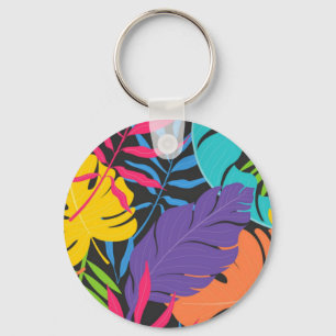Colourful Exotic Tropical Leaves Pattern Key Ring