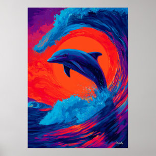 Colourful Expressionist Dolphin Wave Wall Art