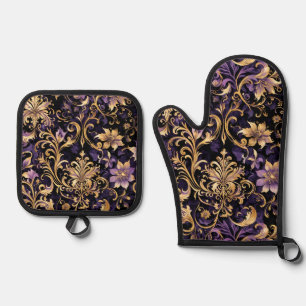Colourful,Extravagant,Purple and Gold Oven Mitt & Pot Holder Set