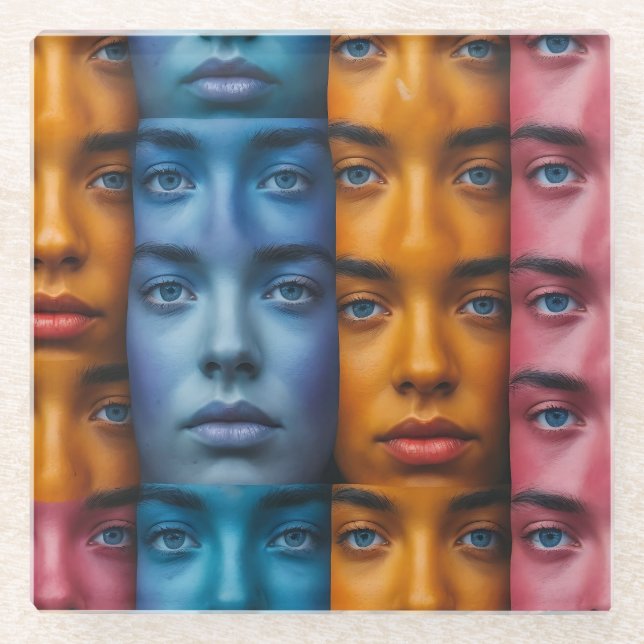 Colourful Faces Pattern Glass Coaster (Front)
