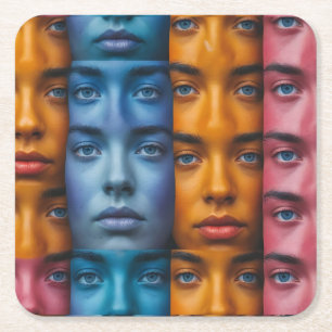 Colourful Faces Pattern Square Paper Coaster