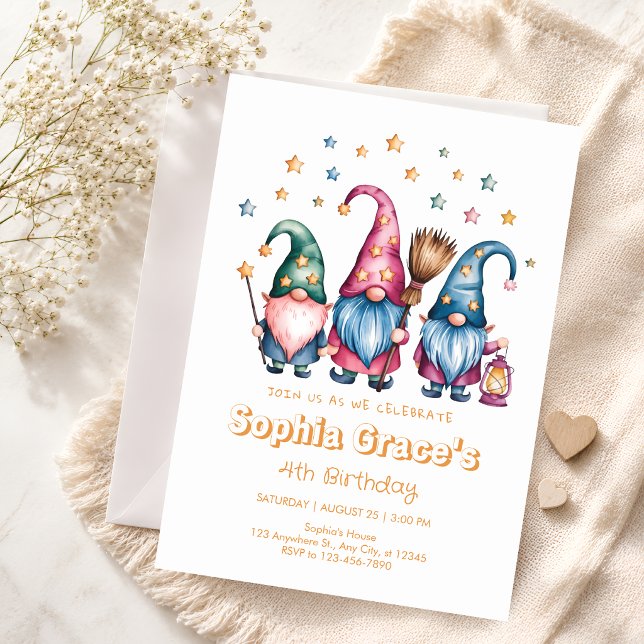 Colourful Fairy Gnome Party Invite 4th Birthday (Creator Uploaded)