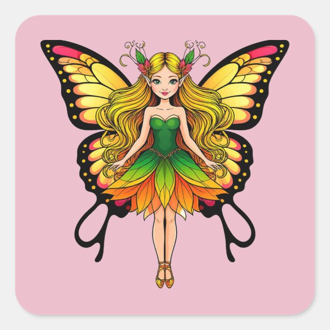 Colourful Fairy With Vibrant Butterfly Wings Square Sticker (Front)
