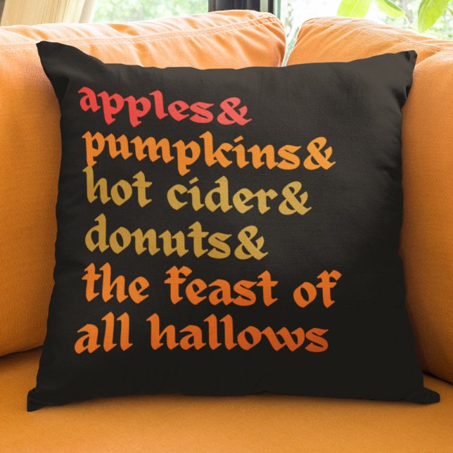 Colourful Fall Apples Pumpkins Cider Halloween  Cushion (Vintage typography and a list of October pleasures decorate this traditional Halloween pillow.)