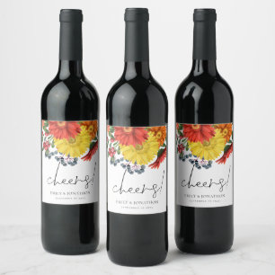 Colourful Fall Florals Cheers Names Wedding Wine Label