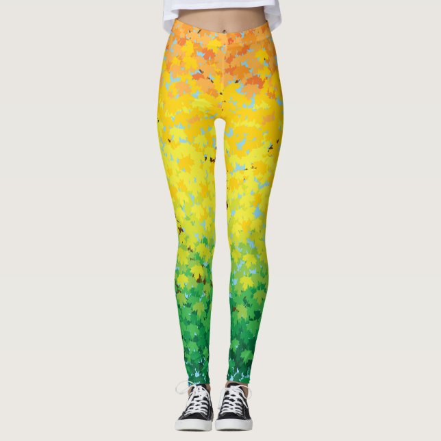 Colourful Fall Foliage Maple Leaves Ombre Pattern Leggings (Front)