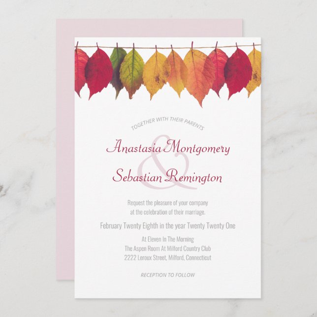 Colourful Fall Leaf Minimalist Wedding Ceremony Invitation (Front/Back)