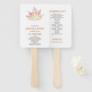 Colourful fall leaf print orange wedding program hand fan