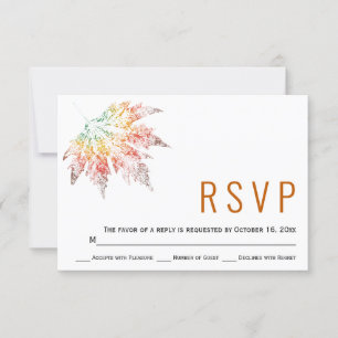 Colourful fall leaf print orange wedding RSVP card