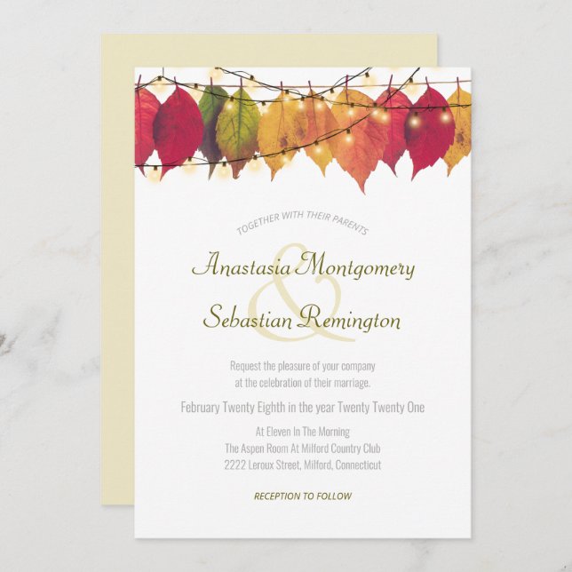 Colourful Fall Leaf String Lights Wedding Ceremony Invitation (Front/Back)