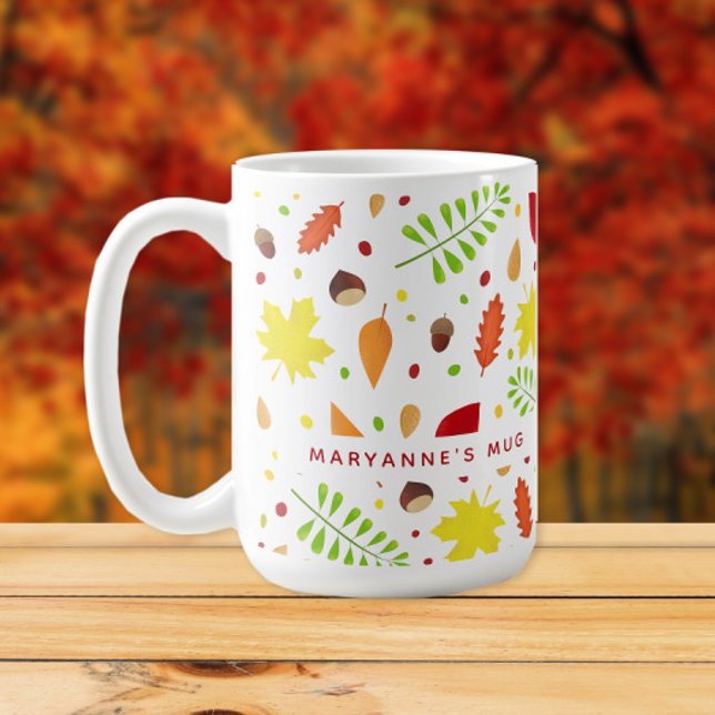 Colourful fall leaves custom name coffee mug (Personalized mug with fall leaves and nuts)