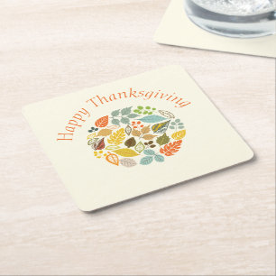 Colourful Fall Leaves Happy Thanksgiving Square Paper Coaster