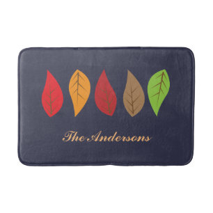 Colourful Fall Leaves on Dark Blue, Personalised Bath Mat