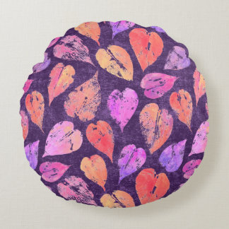 Colourful Fall Leaves On Purple Pattern Round Cushion