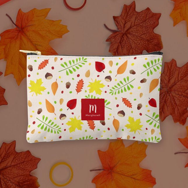 Colourful fall leaves pattern with custom name accessory pouch (Colourful fall leaves personalised pouch with custom name and monogram)