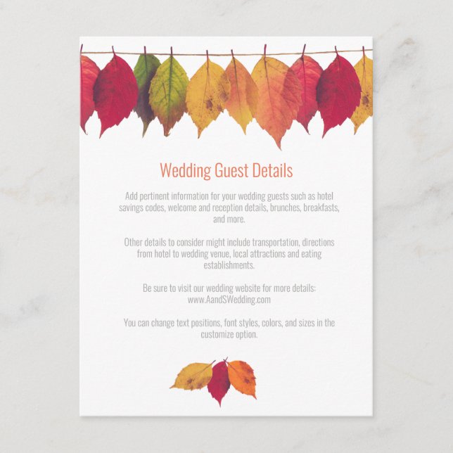 Colourful Fall Leaves Wedding Guest Details Enclosure Card (Front)