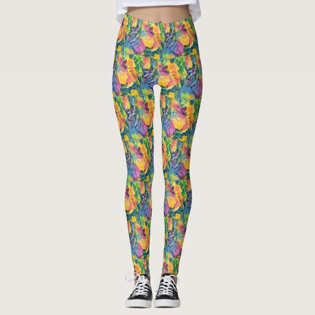 Colourful Fall leaves with fall colours watercolor Leggings (Front)