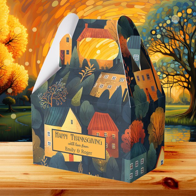 Colourful Fall Thanksgiving Gift Box (Autumn gift box showing a painting of colorful houses in bold fall colors. Great for Thanksgiving)