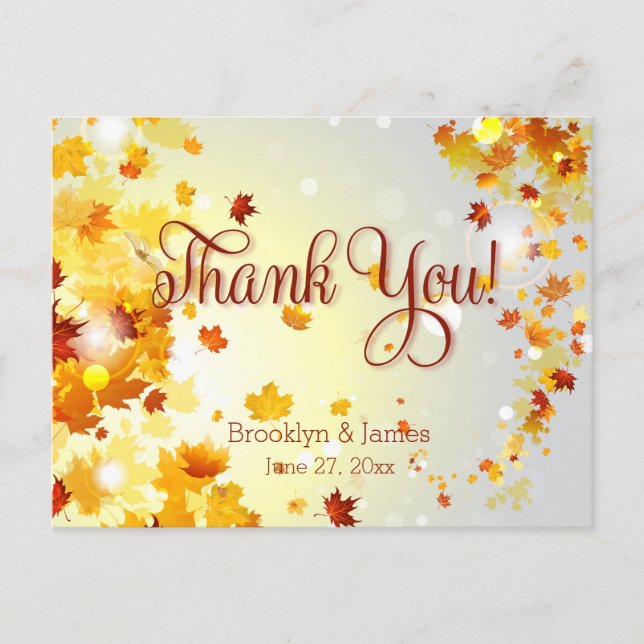 Colourful Fall Wedding Thank You Postcards Leaves (Front)