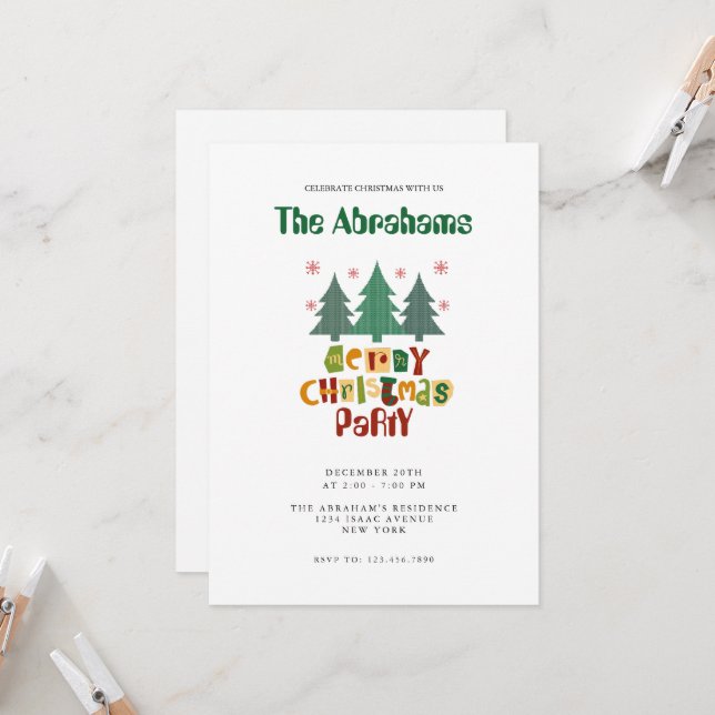 Colourful Family Christmas Tree Merry Christmas Invitation (Front/Back In Situ)