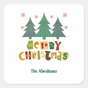 Colourful Family Christmas Tree Merry Christmas Square Sticker